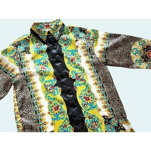 Vintage FRED DAVID 90s 00s Y2K Mixed Print Silky Tunic Blouse Top Shirt Size Sm